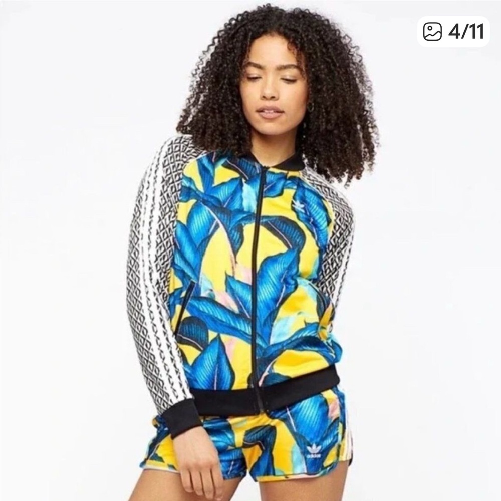 Women's Adidas Blue and Yellow Tropical Print Jacket XS